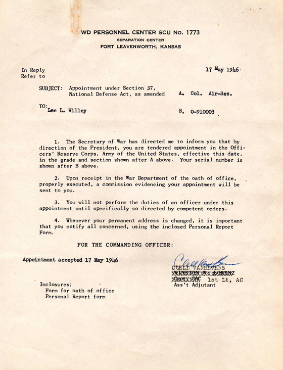 Commission in the Reserves, May 17, 1946